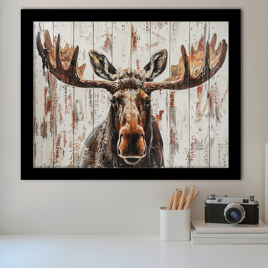 Moose Painted On Wood Rustic Cabin V1, Framed Art Print Wall Decor, Framed Picture