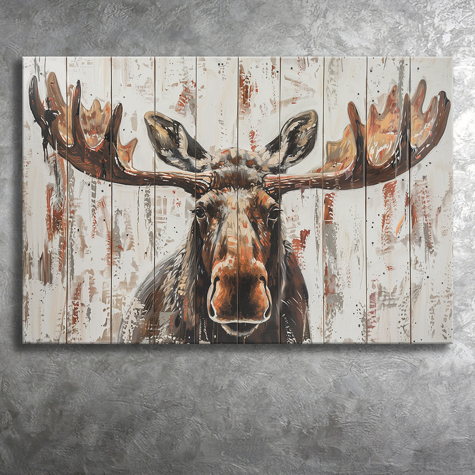 Moose Painted On Wood Rustic Cabin V1, Canvas Print Wall Art Decor, Landscape Art Print