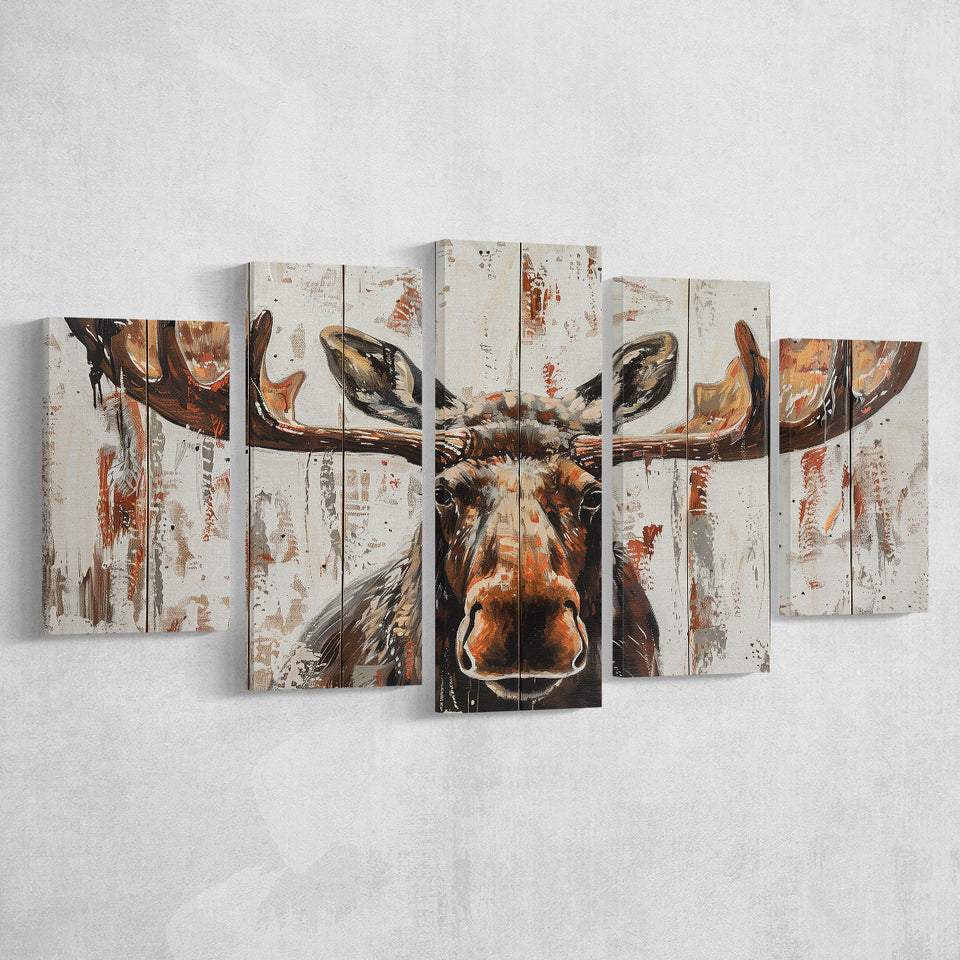 Moose Painted On Wood Rustic Cabin V1, Multi Panel Canvas Print Wall Art Decor, 5 Mixed Panel