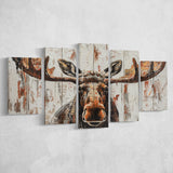 Moose Painted On Wood Rustic Cabin V1, Multi Panel Canvas Print Wall Art Decor, 5 Mixed Panel