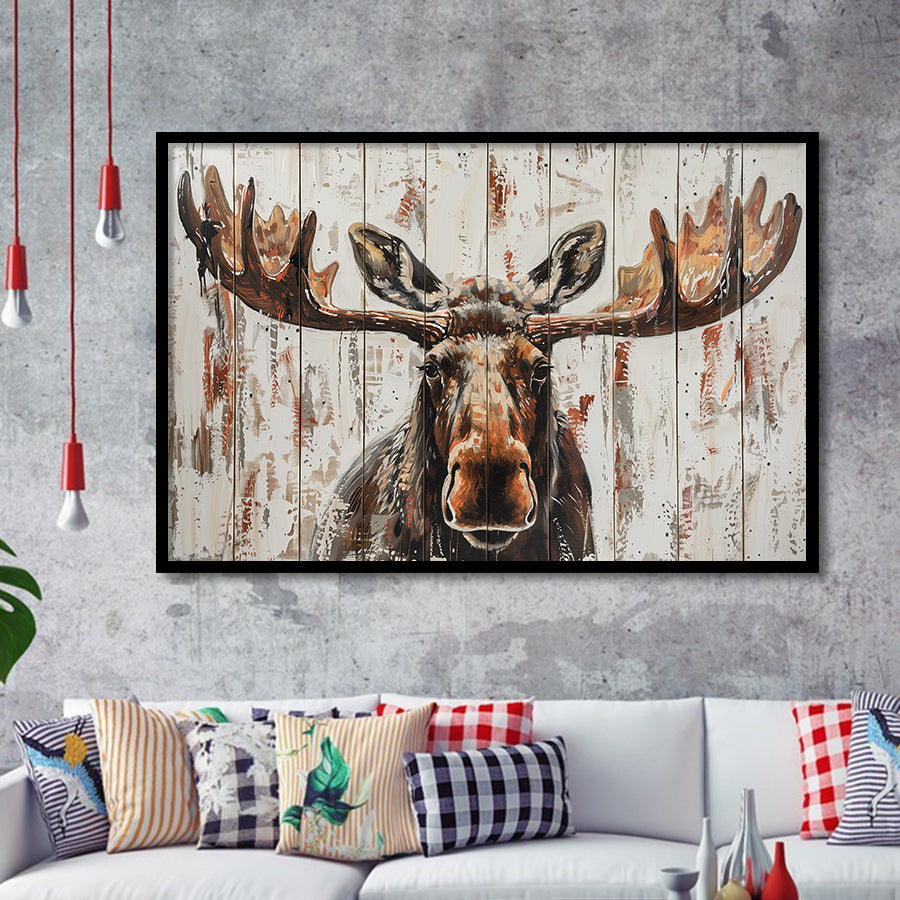 Moose Painted On Wood Rustic Cabin V1, Framed Art Print Wall Decor, Framed Picture