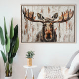 Moose Painted On Wood Rustic Cabin V1, Framed Canvas Print Wall Art Decor,Floating Frame