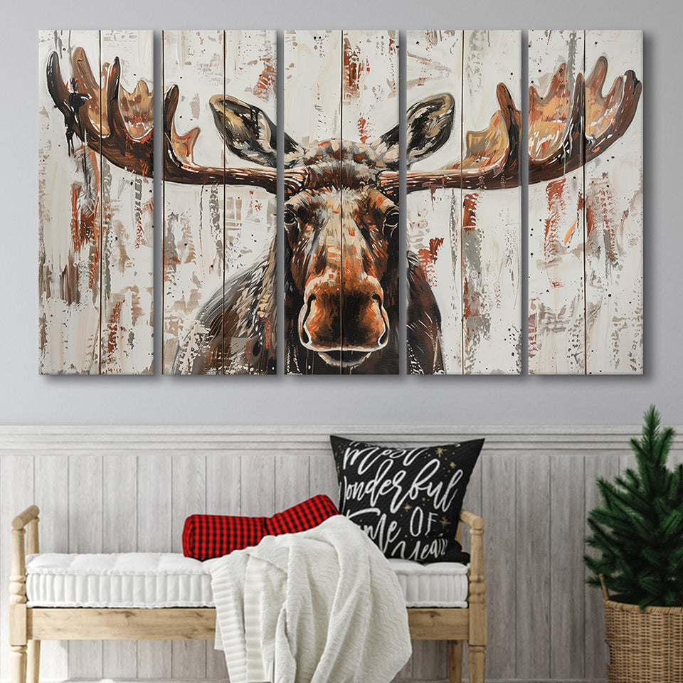 Moose Painted On Wood Rustic Cabin V1, Extra Large Multi 5 Panel Canvas Print Wall Art Decor