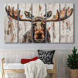Moose Painted On Wood Rustic Cabin V1, Extra Large Multi 5 Panel Canvas Print Wall Art Decor