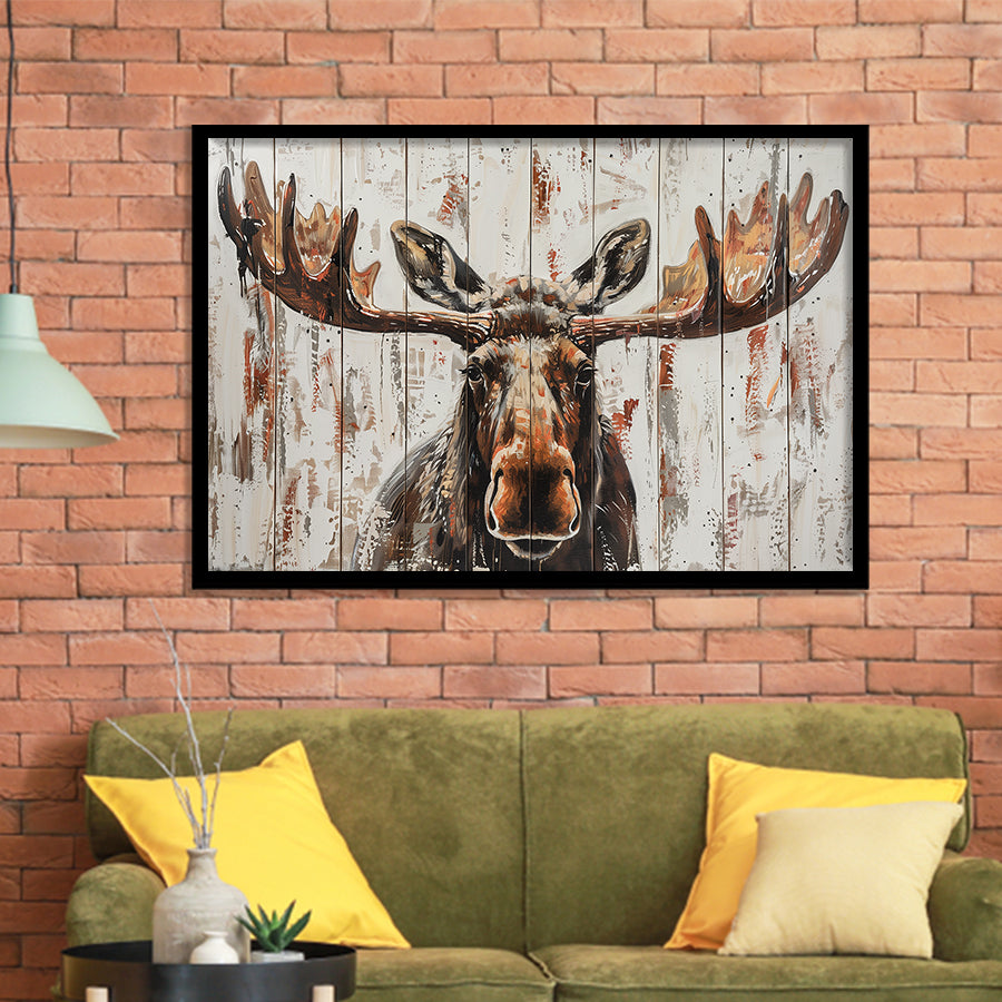 Moose Painted On Wood Rustic Cabin V1, Framed Art Print Wall Decor, Framed Picture