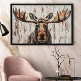 Moose Painted On Wood Rustic Cabin V1, Framed Canvas Print Wall Art Decor,Floating Frame