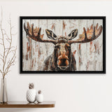 Moose Painted On Wood Rustic Cabin V1, Framed Canvas Print Wall Art Decor,Floating Frame