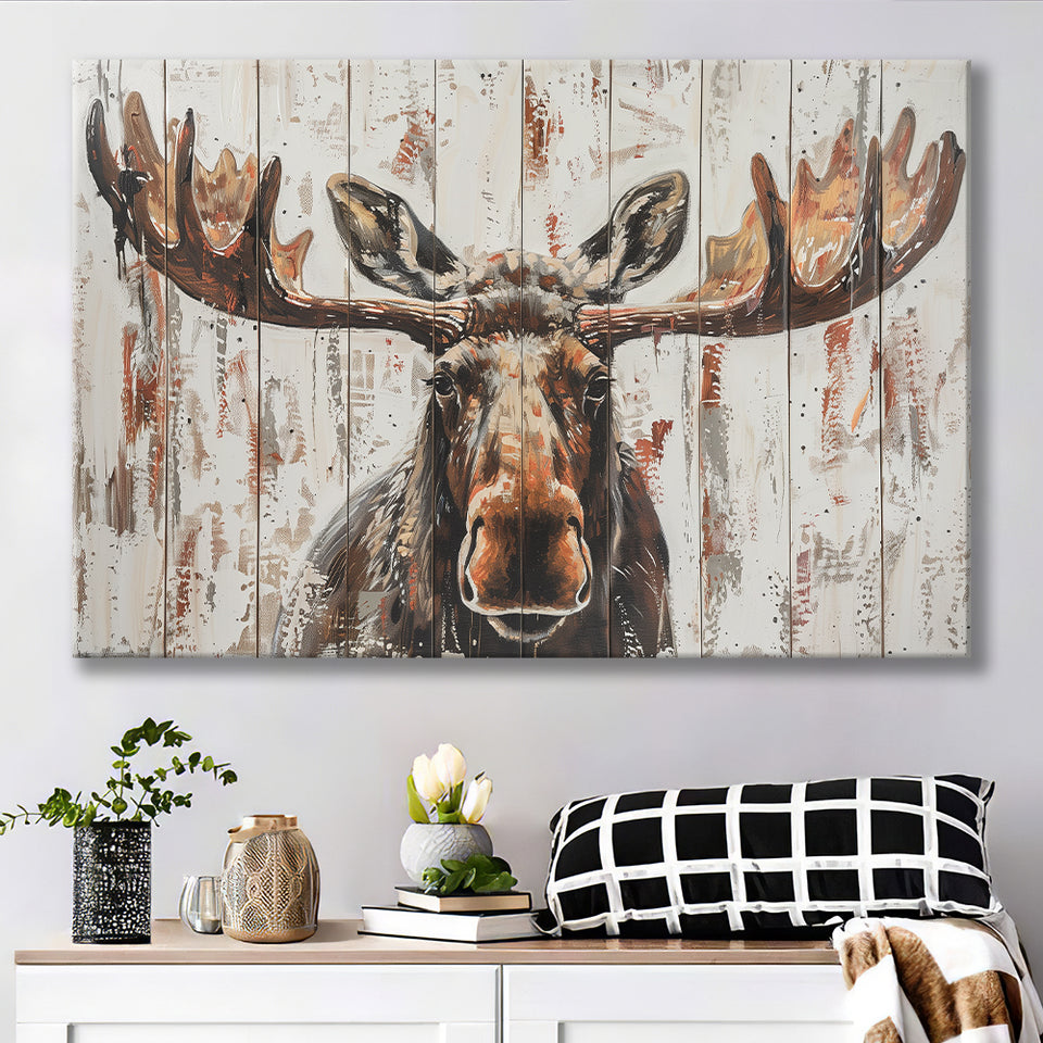 Moose Painted On Wood Rustic Cabin V1, Canvas Print Wall Art Decor, Landscape Art Print