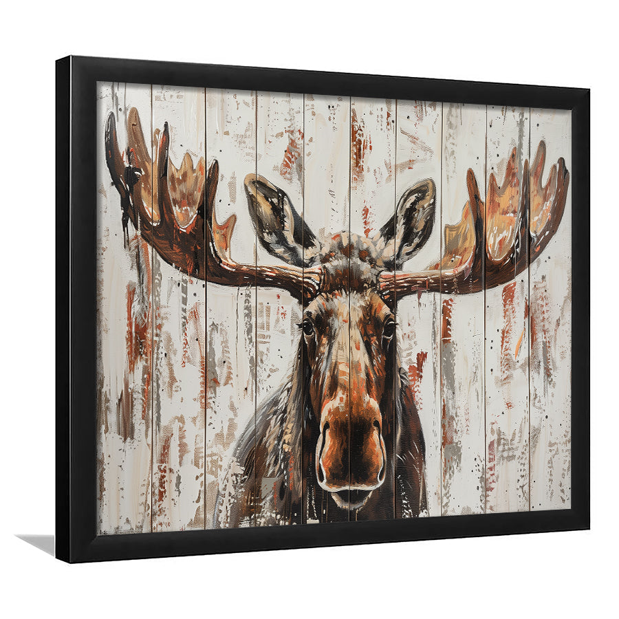 Moose Painted On Wood Rustic Cabin V1, Framed Art Print Wall Decor, Framed Picture