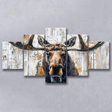 Moose Painted On Wood Background Art, Multi Panel Canvas Print Wall Art Decor, 5 Mixed Panel