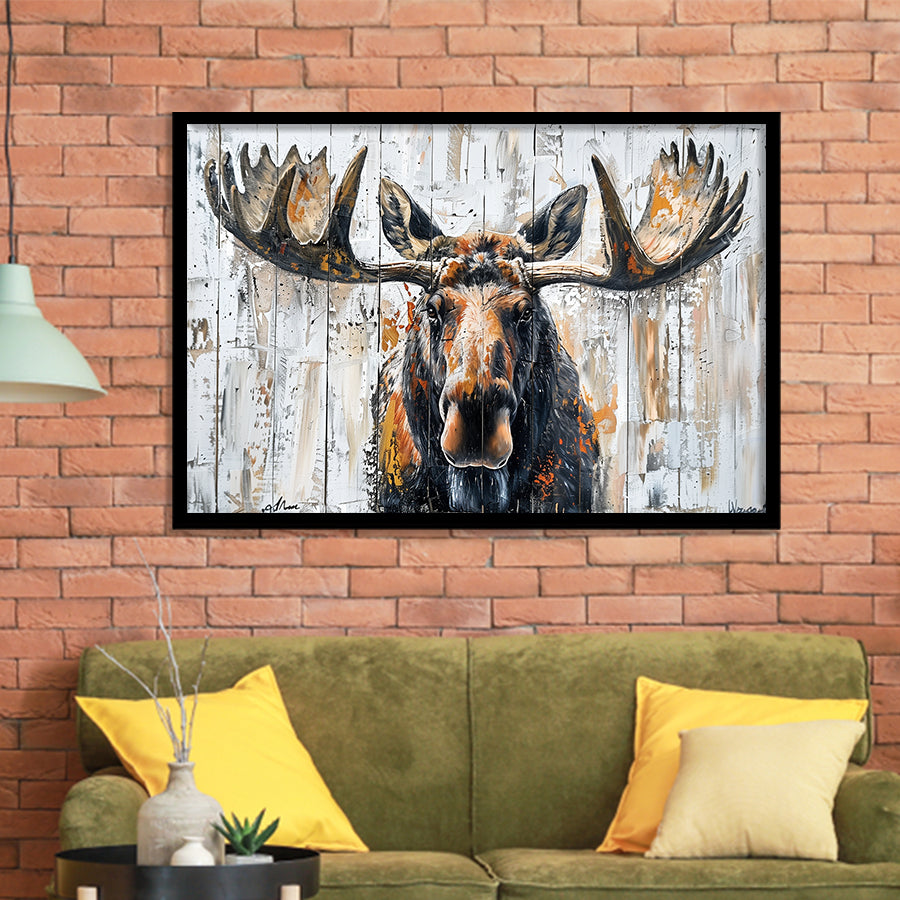 Moose Painted On Wood Background Art, Framed Art Print Wall Decor, Framed Picture