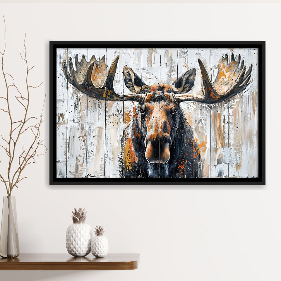Moose Painted On Wood Background Art, Framed Canvas Print Wall Art Decor,Floating Frame