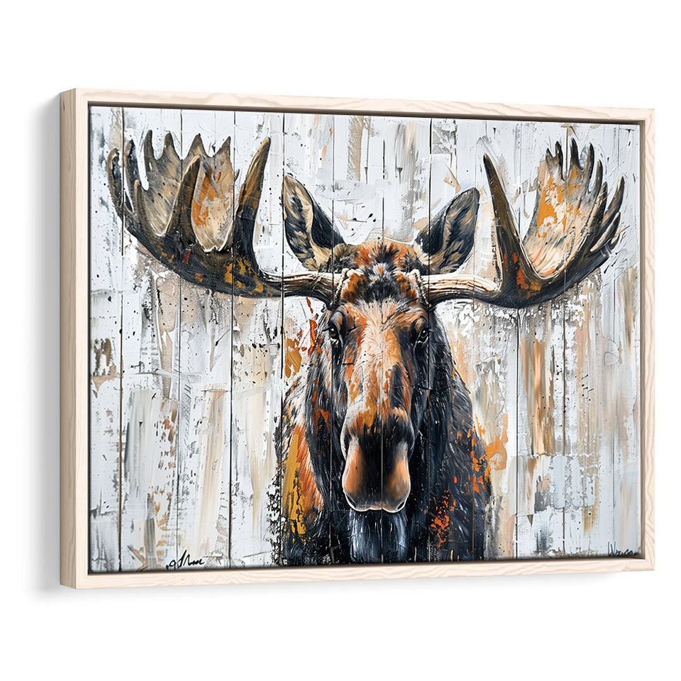 Moose Painted On Wood Background Art, Framed Canvas Print Wall Art Decor,Floating Frame