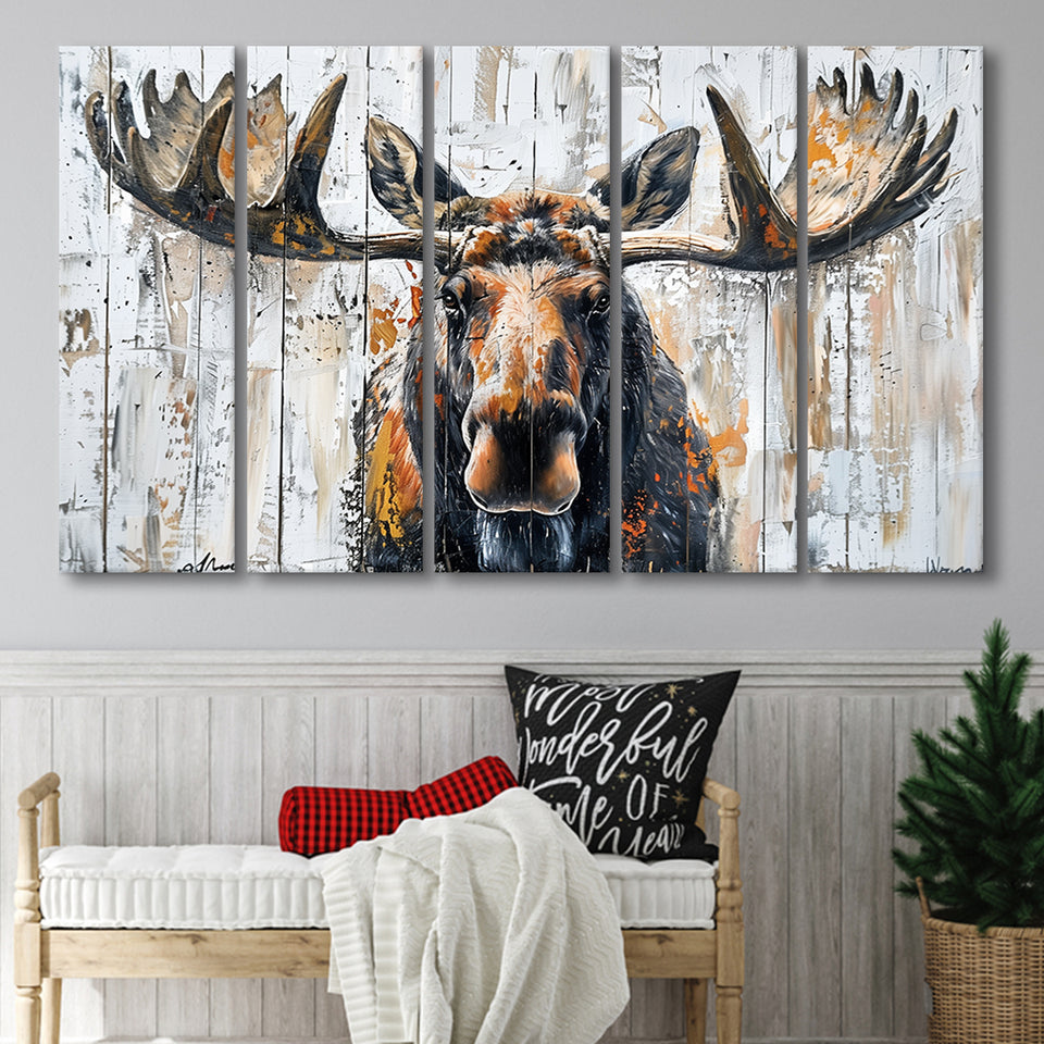 Moose Painted On Wood Background Art, Extra Large Multi 5 Panel Canvas Print Wall Art Decor