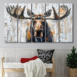 Moose Painted On Wood Background Art, Extra Large Multi 5 Panel Canvas Print Wall Art Decor