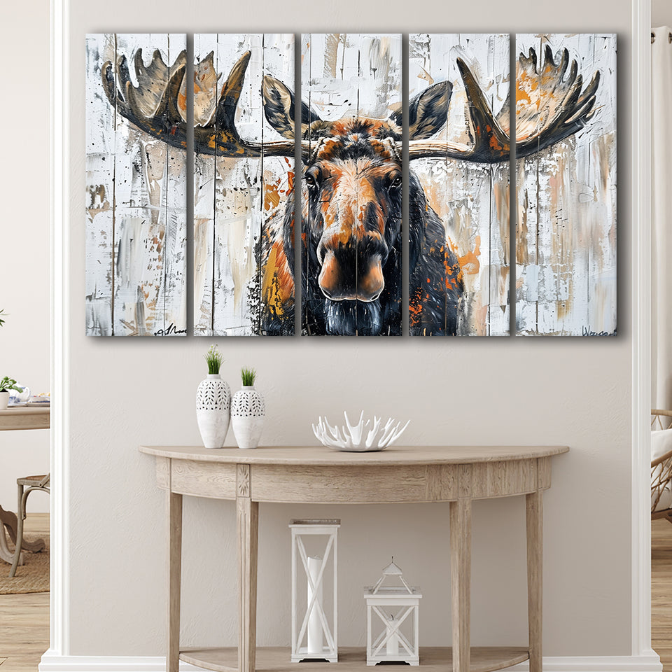 Moose Painted On Wood Background Art, Extra Large Multi 5 Panel Canvas Print Wall Art Decor