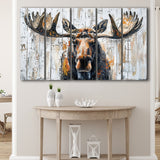 Moose Painted On Wood Background Art, Extra Large Multi 5 Panel Canvas Print Wall Art Decor