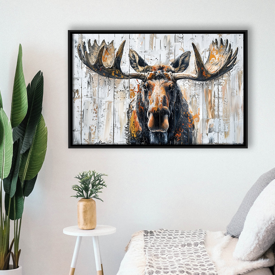 Moose Painted On Wood Background Art, Framed Canvas Print Wall Art Decor,Floating Frame