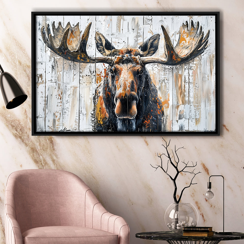 Moose Painted On Wood Background Art, Framed Canvas Print Wall Art Decor,Floating Frame