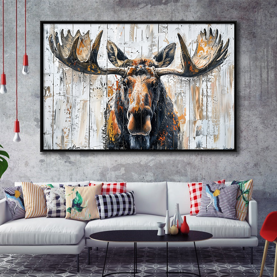 Moose Painted On Wood Background Art, Framed Canvas Print Wall Art Decor,Floating Frame