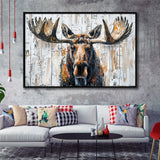 Moose Painted On Wood Background Art, Framed Canvas Print Wall Art Decor,Floating Frame