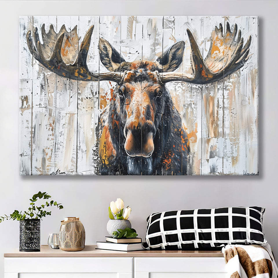 Moose Painted On Wood Background Art, Canvas Print Wall Art Decor, Landscape Art Print