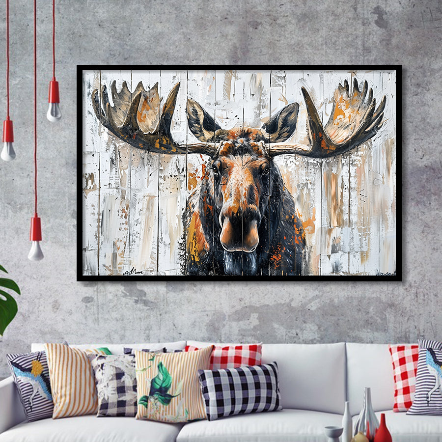 Moose Painted On Wood Background Art, Framed Art Print Wall Decor, Framed Picture