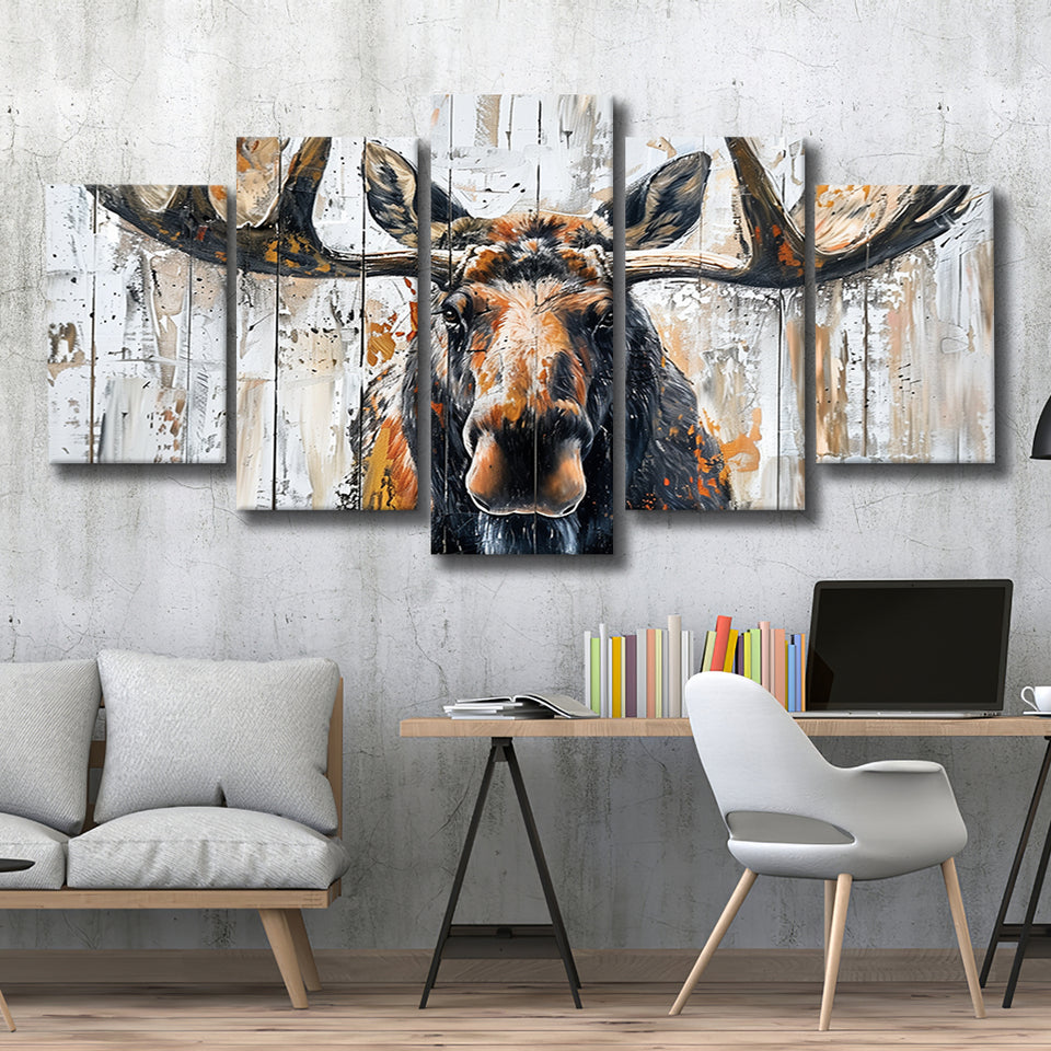Moose Painted On Wood Background Art, Multi Panel Canvas Print Wall Art Decor, 5 Mixed Panel