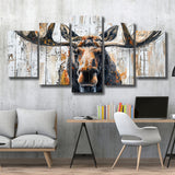 Moose Painted On Wood Background Art, Multi Panel Canvas Print Wall Art Decor, 5 Mixed Panel
