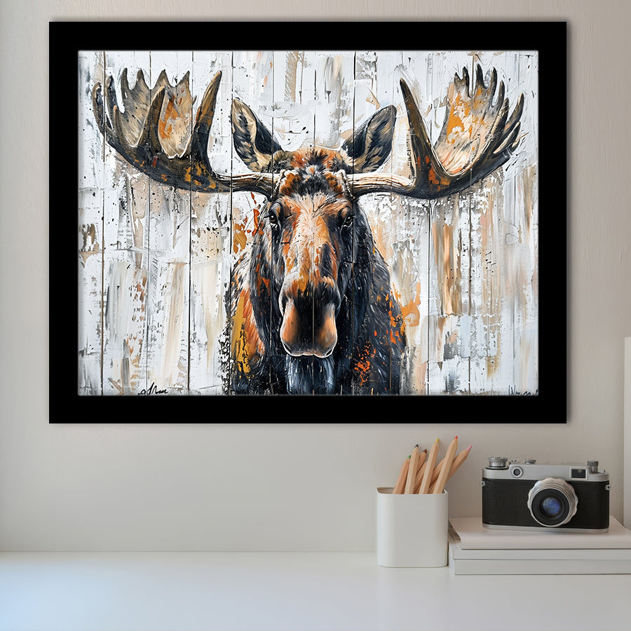 Moose Painted On Wood Background Art, Framed Art Print Wall Decor, Framed Picture