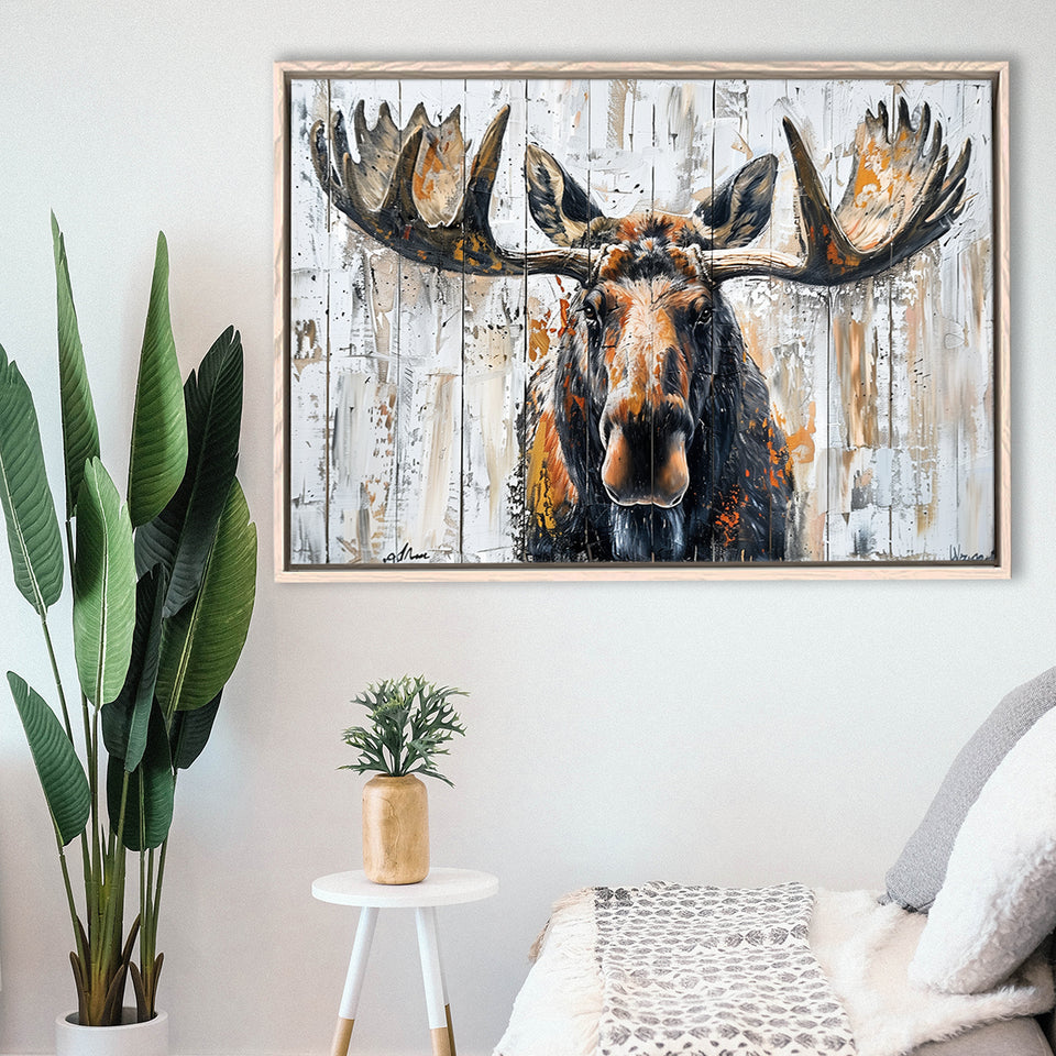 Moose Painted On Wood Background Art, Framed Canvas Print Wall Art Decor,Floating Frame