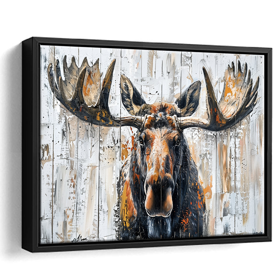 Moose Painted On Wood Background Art, Framed Canvas Print Wall Art Decor,Floating Frame