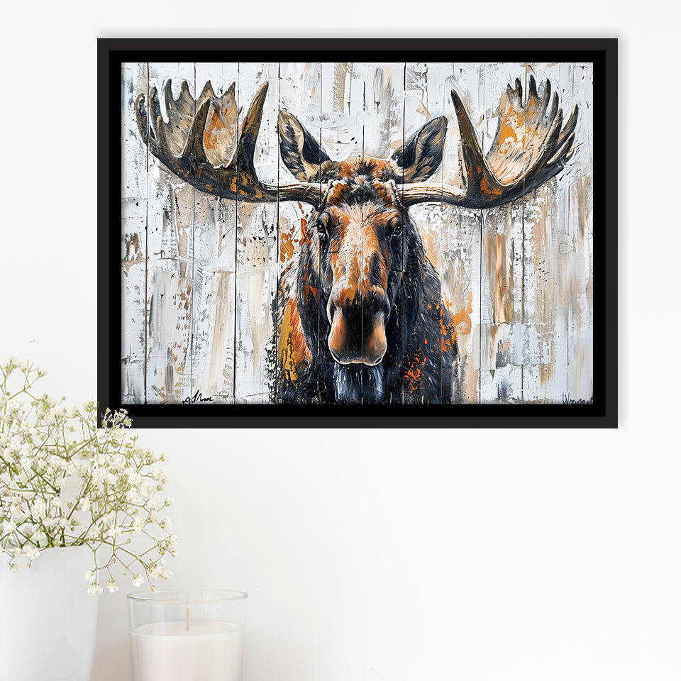 Moose Painted On Wood Background Art, Framed Canvas Print Wall Art Decor,Floating Frame