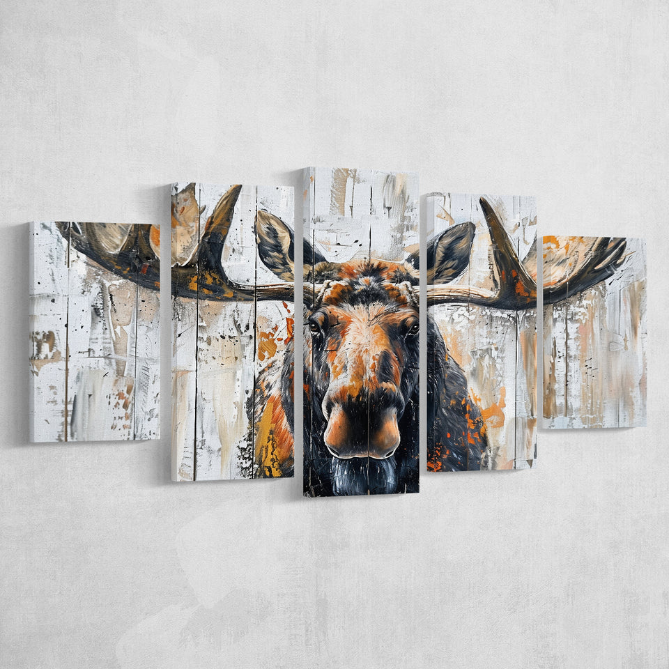 Moose Painted On Wood Background Art, Multi Panel Canvas Print Wall Art Decor, 5 Mixed Panel