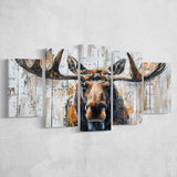 Moose Painted On Wood Background Art, Multi Panel Canvas Print Wall Art Decor, 5 Mixed Panel