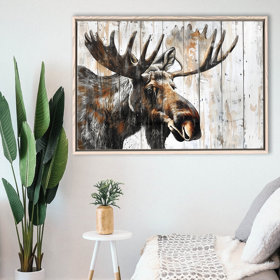 Moose Painted On Wood Background Rustic Art, Framed Canvas Print Wall Art Decor,Floating Frame