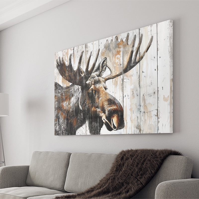 Moose Painted On Wood Background Rustic Art, Canvas Print Wall Art Decor, Landscape Art Print