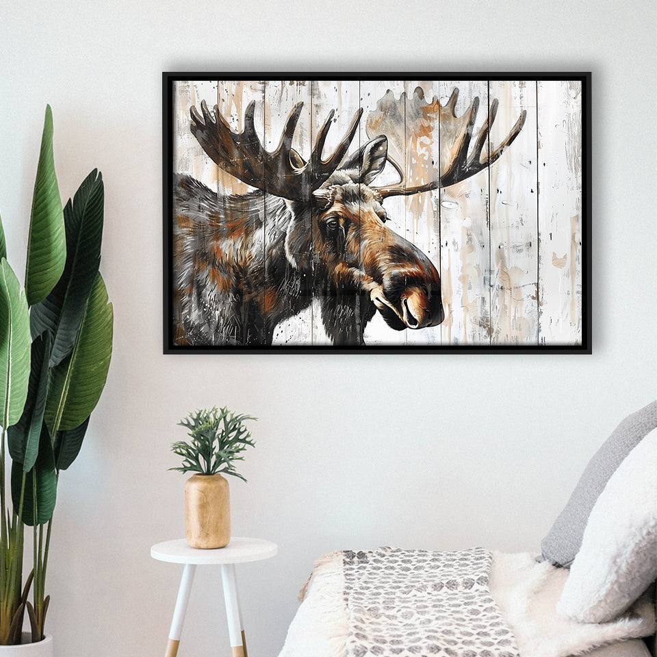 Moose Painted On Wood Background Rustic Art, Framed Canvas Print Wall Art Decor,Floating Frame
