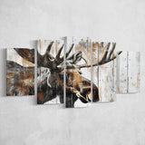 Moose Painted On Wood Background Rustic Art, Multi Panel Canvas Print Wall Art Decor, 5 Mixed Panel