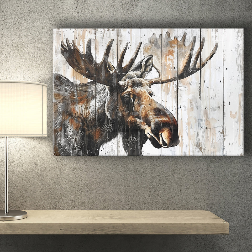 Moose Painted On Wood Background Rustic Art, Canvas Print Wall Art Decor, Landscape Art Print