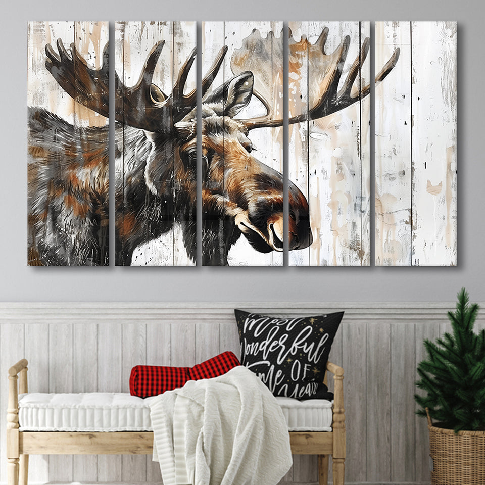 Moose Painted On Wood Background Rustic Art, Extra Large Multi 5 Panel Canvas Print Wall Art Decor