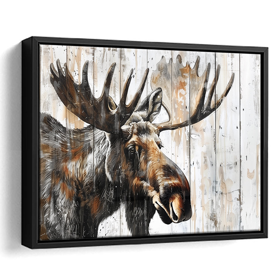 Moose Painted On Wood Background Rustic Art, Framed Canvas Print Wall Art Decor,Floating Frame