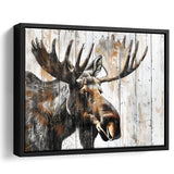 Moose Painted On Wood Background Rustic Art, Framed Canvas Print Wall Art Decor,Floating Frame