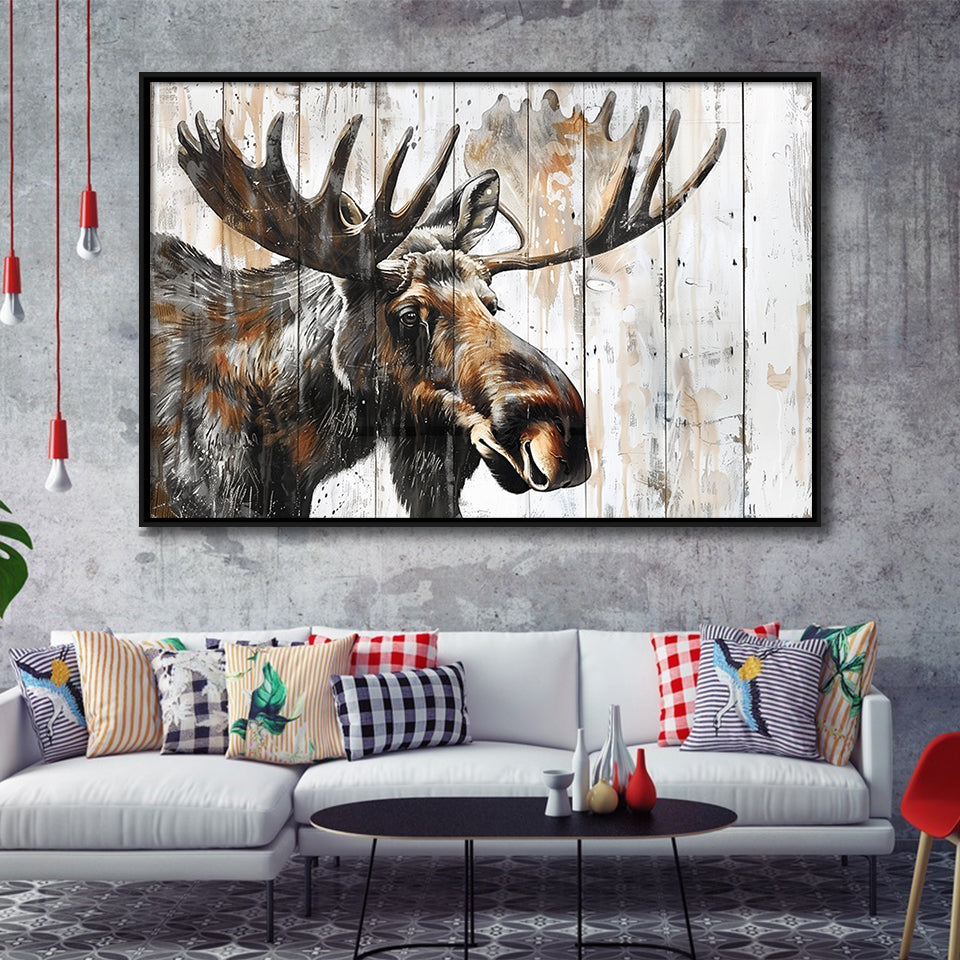 Moose Painted On Wood Background Rustic Art, Framed Canvas Print Wall Art Decor,Floating Frame