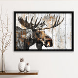 Moose Painted On Wood Background Rustic Art, Framed Canvas Print Wall Art Decor,Floating Frame