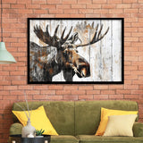 Moose Painted On Wood Background Rustic Art, Framed Art Print Wall Decor, Framed Picture