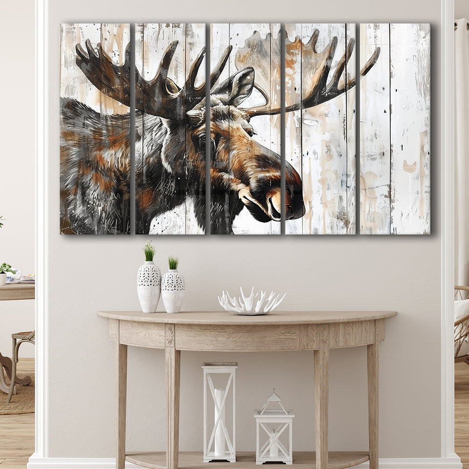 Moose Painted On Wood Background Rustic Art, Extra Large Multi 5 Panel Canvas Print Wall Art Decor