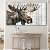 Moose Painted On Wood Background Rustic Art, Extra Large Multi 5 Panel Canvas Print Wall Art Decor