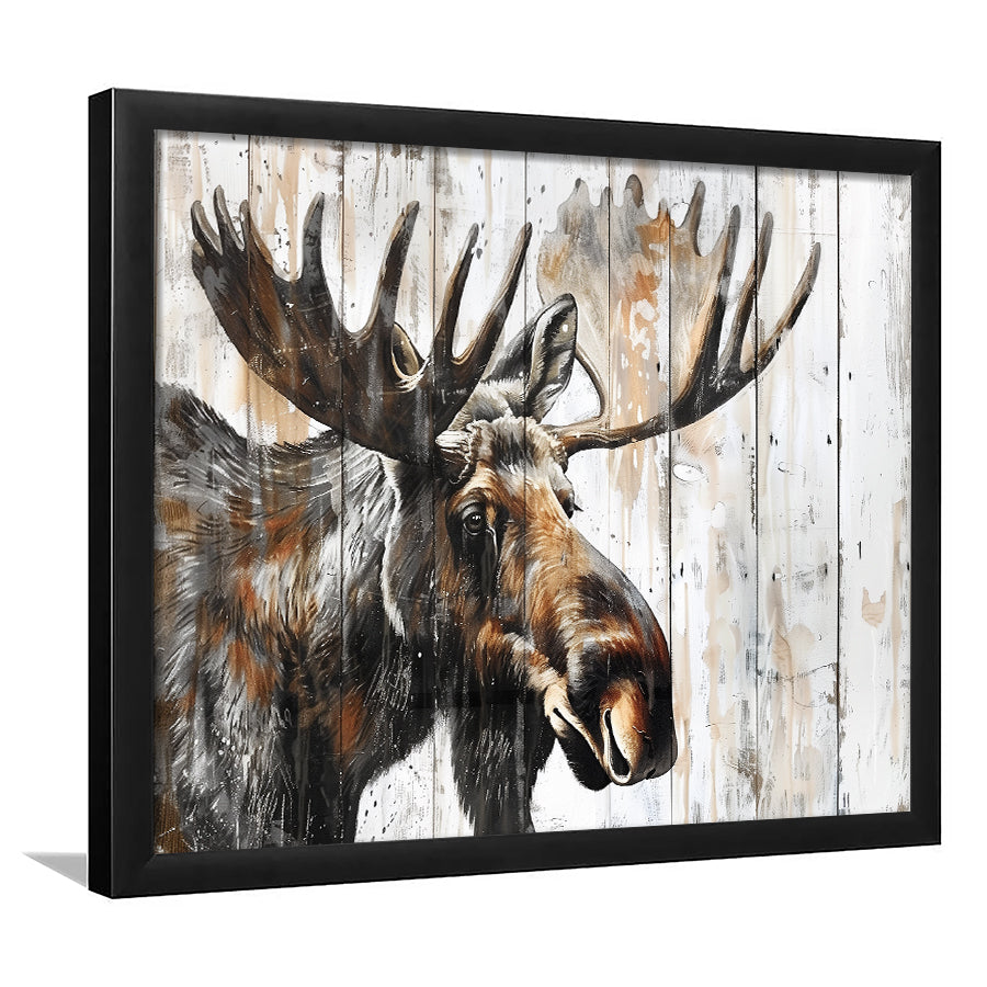Moose Painted On Wood Background Rustic Art, Framed Art Print Wall Decor, Framed Picture