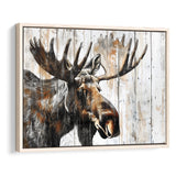 Moose Painted On Wood Background Rustic Art, Framed Canvas Print Wall Art Decor,Floating Frame